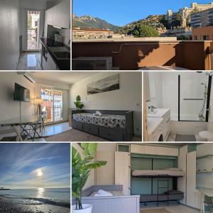un collage de fotos de una habitación en Vue dégagée, emplacement idéal, climatisé, en Menton 9 fotos más