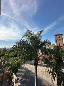 a palm tree in front of a building with a clock tower at Duplex peatonal in Villa Carlos Paz