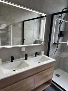 a bathroom with a white sink and a mirror at Maison de l'Aar Appartement le Diamant luxueux et neuf 2 chambres Grand Salon Séjour in Strasbourg