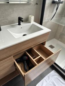 a bathroom with a white sink and a shower at Maison de l'Aar Appartement le Diamant luxueux et neuf 2 chambres Grand Salon Séjour in Strasbourg +17 photos