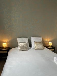 a large white bed with two pillows on it at Maison de l'Aar Appartement le Diamant luxueux et neuf 2 chambres Grand Salon Séjour in Strasbourg