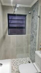a bathroom with a shower and a toilet and a window at Vooruitzicht in Gansbaai +19 photos