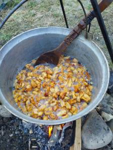 a pot with a wooden spoon cooking over a fire at Pensiunea Rustic Oncesti in Onceşti