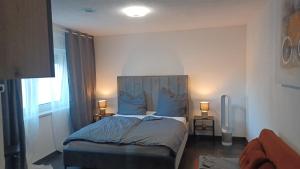 a bedroom with a bed with blue pillows at Einzelappartement im Neubau mit Kochnische nähe Legoland in Waldstetten +8 photos