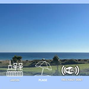 a sign for a beach with the ocean in the background at Villa du Menhir, vue panoramique sur la mer - WarmHouse in Plozévet