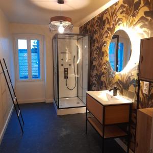a bathroom with a shower with a mirror at Ils en ont rêvé in Chambon-le-Château