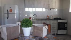 a kitchen with a table with a potted plant on it at La Serena in María Grande