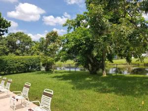 a row of chairs sitting in the grass near a tree at Flats Hospitality in Plantation