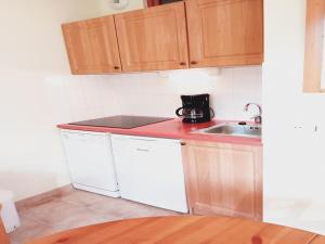 a kitchen with a red counter top and a sink at Apartment in Northern Alps near Arc in Val Cenis +12 photos