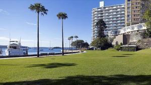 a field of grass with palm trees and a building at Perfect Potts Point Pied-à-terre in Sydney