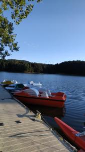 a row of boats parked next to a dock on a lake at Chez NIKI in Rieutort
