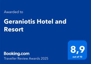 Certifikát, ocenenie alebo iný dokument vystavený v ubytovaní Geraniotis Hotel and Resort