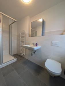 a bathroom with a sink and a toilet and a shower at Richter Apartments Finsterwalde mit Klimaanlage in Finsterwalde +34 photos