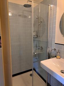 a bathroom with a shower and a sink at Logies Reederij de IJsel in Gouda +26 photos