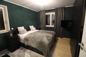 a bedroom with a bed and a green wall at Apartment Grey am See mit Zugang in Zeuthen