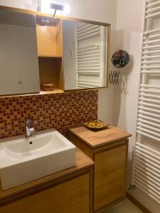 a bathroom with a sink and a mirror at Maison verte in Roche +17 photos