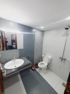 a bathroom with a sink and a toilet at Kashees Lodges in Islamabad