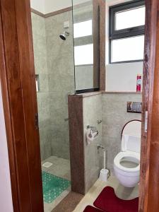a bathroom with a shower with a toilet in it at The Cozy Nest in Nairobi