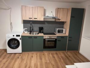 une cuisine avec un évier et une machine à laver dans l'établissement Sehr schöne und Modernisierte Wohnung mit moderne Wohnraumlüftung, à Pfedelbach 42 autres photos