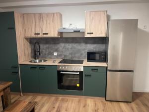 La cuisine est équipée d'armoires vertes et d'un réfrigérateur en acier inoxydable. dans l'établissement Sehr schöne und Modernisierte Wohnung mit moderne Wohnraumlüftung, à Pfedelbach