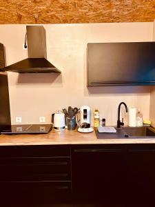 a kitchen with a counter top with a sink at Family Apartments Abuja in Rust