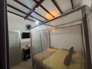a bedroom with a bed with a transparent curtain at Aromin Ayurvedic Palace in Weligama