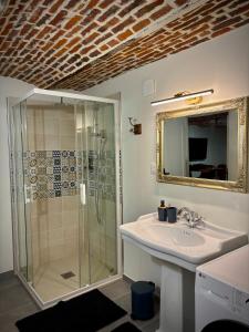 a bathroom with a sink and a shower with a mirror at Le Domaine du Castel in Saulzoir