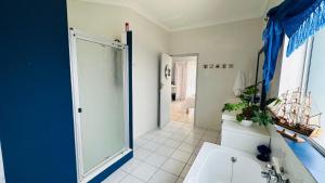 a bathroom with a shower and a toilet and a sink at 41 Marine in Struisbaai