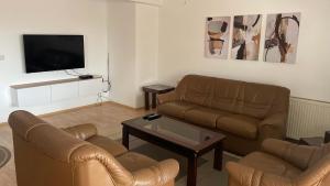 a living room with two couches and a flat screen tv at BT Lux apartment 2 in Skopje