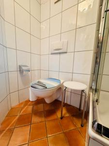 a bathroom with a toilet and a stool at Maisonette am See in Seedorf +58 photos