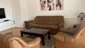 a living room with two couches and a coffee table at BT Lux apartment 2 in Skopje