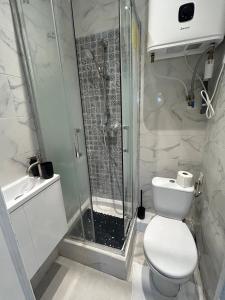 Un baño blanco con ducha y WC. en Le boème - Close to Paris - WIFI, en Champigny-sur-Marne
