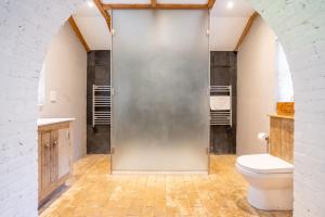 un baño con ducha y WC en Belchamp Hall Mill, en Belchamp Otten