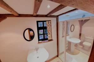 a bathroom with a sink and a toilet and a mirror at Beautiful cottage in Brentwood in Kelvedon Hatch +56 photos