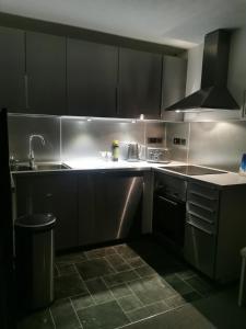 cocina con armarios negros, fregadero y fogones en Carpe Diem - Portland Retreat, en Portland