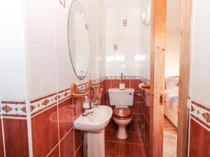 Un baño con inodoro, lavabo y espejo. en Wild Atlantic Way Country Cottage, en Portmagee 40 fotos más