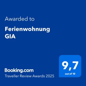 Certyfikat, podpis lub inny dokument wystawiony w obiekcie Ferienwohnung GIA