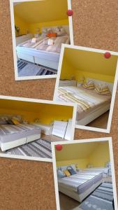 kolaż czterech zdjęć łóżka w pokoju w obiekcie Haus Flora - Ferienwohnung Bodensdorf w mieście Bodensdorf