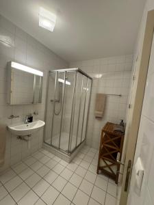 een badkamer met een douche en een wastafel bij Chambre au centre ville in Martigny-Ville