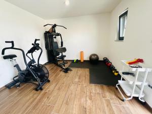 a gym with bikes and exercise equipment in a room at Luxury Villa Callista near Labin with kids playground, fitness and heated pool in Ružići