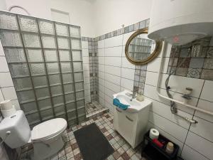 a bathroom with a toilet and a sink at Downtown Apartman near City Center & Miskolc Plaza in Miskolc +8 photos