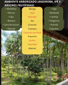 un cartel con nombres de árboles en un jardín en Camping em Castanhal para COP 30, en Castanhal