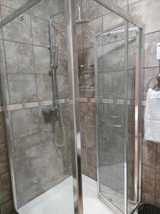 eine Dusche mit einer Glastür in einem Badezimmer in der Unterkunft Leopard Tree Guesthouse in Springbok
