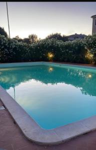 basen z błękitną wodą na dziedzińcu w obiekcie AIRPORT-MATER-POOL-LIVE-LATE-CHECKIN-FREE-FROM 7-TILL9PM-AFTER 9PM EXTRACHARGE-TOPAY-INCLUDED-ECONOMIC-SHUTTLE-LATE CHECK OUT-ASSISTANCE TO-RENTCAR&SAVE MONEY DURING JOURNEY 5minByWalkToCcenter2mByWalkToTouristicPort5MinByWalkToBusForCityAndBeaches w mieście Olbia