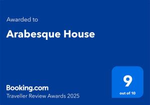 Certifikát, hodnocení, plakát nebo jiný dokument vystavený v ubytování Arabesque House