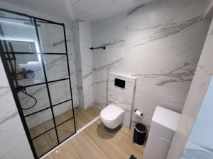 a bathroom with a toilet and a glass shower at Kolonaki Studio in Athens