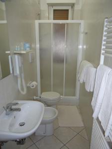 a bathroom with a toilet and a sink and a shower at Albergo La Mimosa in Lerici