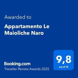 Certifikát, hodnocení, plakát nebo jiný dokument vystavený v ubytování Appartamento Le Maioliche Naro