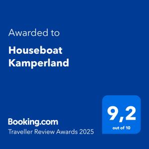 坎珀兰Houseboat Kamperland的一张手机屏幕截图，上面写着翻译成“houseboatkarma karma”的文字