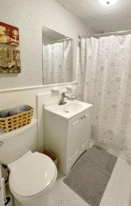 a bathroom with a toilet and a sink and a mirror at Yale Casa Azul Studio in New Haven +10 photos